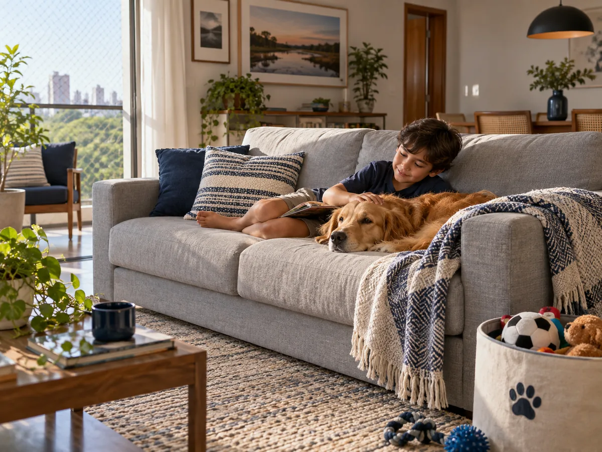 Criança e cachorro usando um sofá de tecido em uma sala familiar