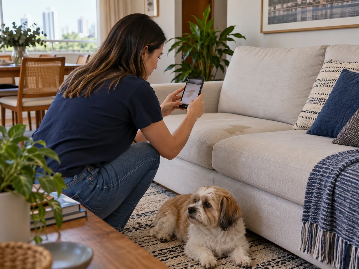 Moradora fotografando uma marca localizada no sofá com o pet por perto