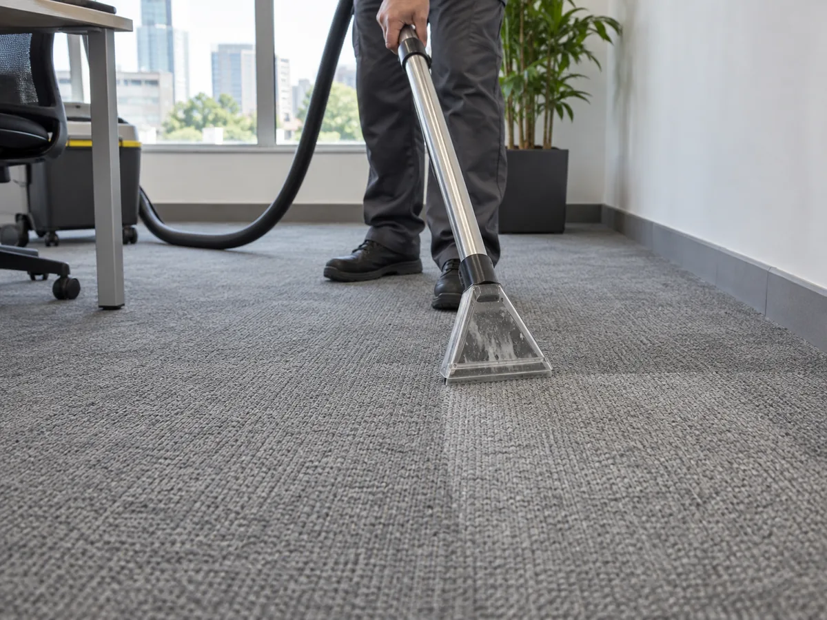 Profissional realizando limpeza em carpete fixo de ambiente empresarial
