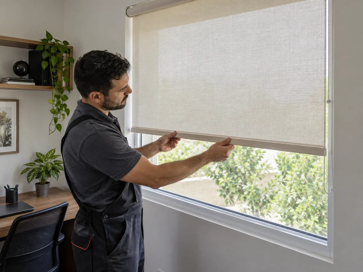 Profissional conferindo uma persiana rolô antes da limpeza